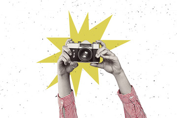 Young girl taking retro photos. Vintage party or tourism poster. Contemporary flat design art collage isolated on free png background.