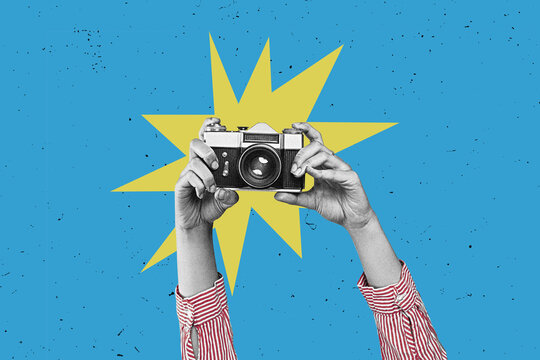 Young girl taking retro photos. Vintage party or tourism poster. Contemporary flat design art collage