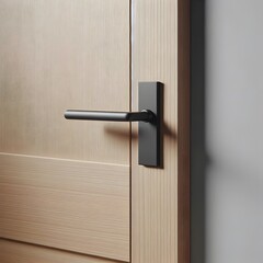 A sleek, modern door handle with a matte black finish, set against a minimalist wooden door. 