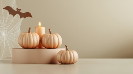 Warm halloween scene with a glowing candle and pumpkins on a platform against a neutral background, ideal for text or design