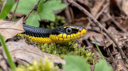 Obraz premium A black and yellow rattlesnake slithers through the dense forest, ready to strike, showcasing its vivid colors against the rich earth and greenery