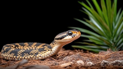 Obraz premium A black and yellow rattlesnake slithers through the dense forest, ready to strike, showcasing its vivid colors against the rich earth and greenery