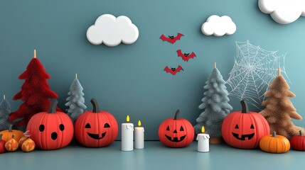Halloween pumpkins with different facial expressions are standing on a blue surface surrounded by fluffy fir trees, burning candles, bats and a spider web