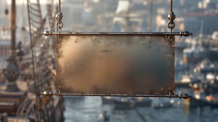 A metallic bronze empty banner suspended from a gleaming sailing ship mast in a bustling harbor, with a blurred background of boats