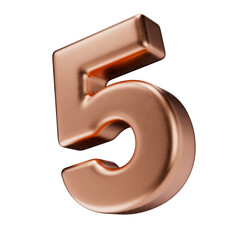 Volumetric copper number 5, isolated on a transparent background. 3D digit five in pink gold with a matte texture. Photorealistic render.
