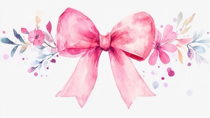 A charming pink watercolor bow surrounded by delicate floral elements, perfect for party invitations or decorative designs.