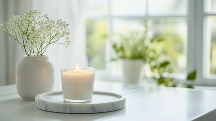 A serene composition featuring a lit candle, delicate flowers, and a bright window, creating a peaceful ambiance.