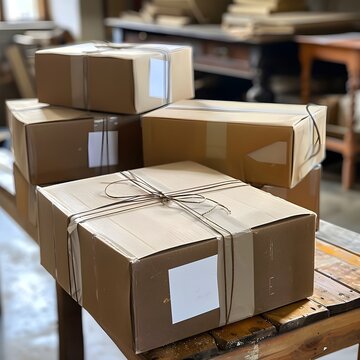 Stacked cardboard boxes in a warehouse or shipping area