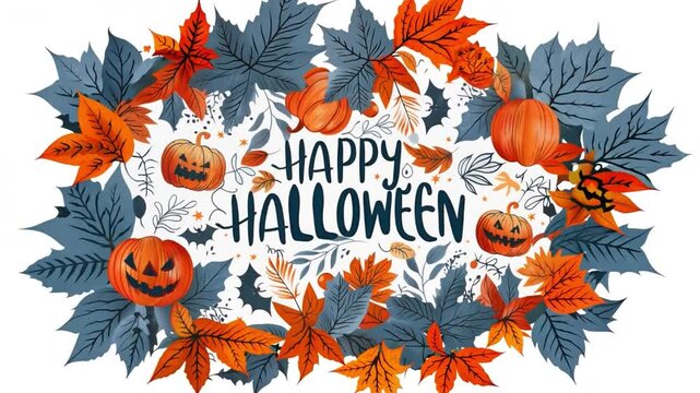 A bright and colorful artwork with a Halloween theme that includes bats, pumpkins, and fall foliage. Perfect for festive decorations and seasonal cards.