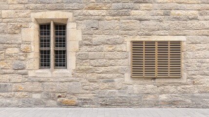Fototapeta premium A sleek outdoor air conditioning unit is installed on the exterior wall, harmoniously blending with the vibrant greenery around it