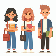 university students campus community vector illustration. Young male and female characters with books. High school graduates, smart teenagers