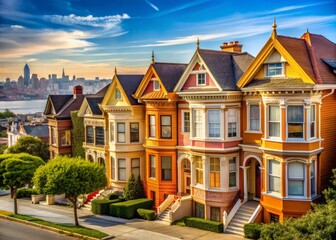 Vibrant orange and pale yellow houses with distinctive bay windows line a tranquil street, overlooking a distant urban cityscape backdrop.