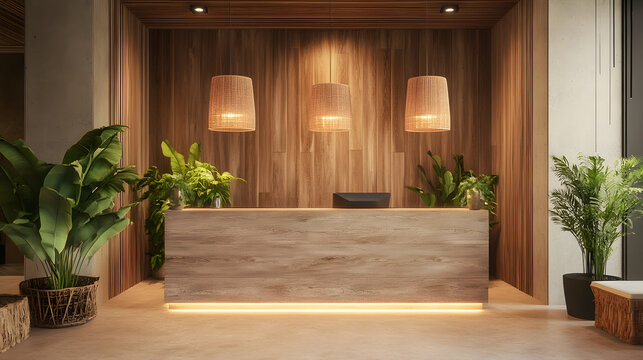 Boho hotel reception desk with a wooden front desk The space is decorated with unique, artistic touches for a cozy and stylish welcome