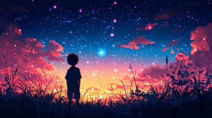 Fototapeta premium Stargazing Silhouette: Kid Looking at the Night Sky