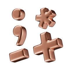 Punctuation marks: dot, comma, plus, minus or dash, asterisk. Isolated on a transparent background. 3D render of marks in copper with a matte texture.