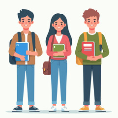 university students campus community vector illustration. Young male and female characters with books. High school graduates, smart teenagers