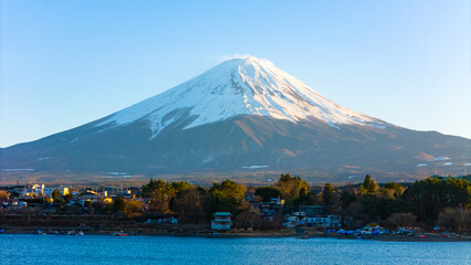 Fototapeta premium Japan’s Mt. Fuji is an active volcano about 100 kilometers southwest of Tokyo. Commonly called Fuji-san, it’s the country’s tallest peak, at 3,776 meters. 
