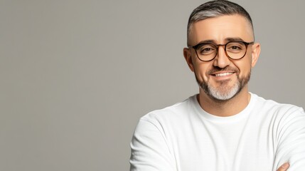 Attractive middle-aged Hispanic man smiles confidently with arms crossed, set against a neutral grey background ideal for customization