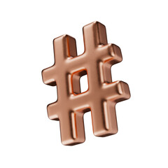 Hashtag sign. Typography mark isolated on a transparent background. 3D render of an icon in copper with a matte texture.