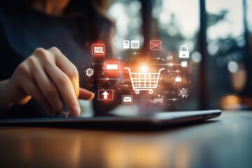 Small business owner setting up an online store on a tablet, with ecommerce icons, portraying the shift to digital platforms