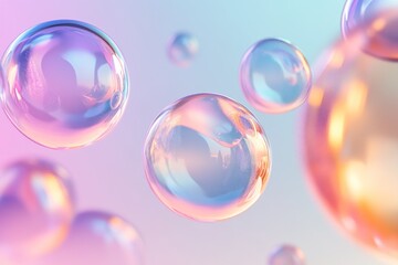 Abstract Floating Bubbles With Iridescent Colors and Soft Pastel Background.