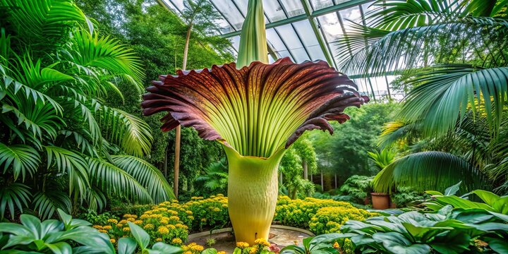 Rare Titan Arum flower blooms, producing the world's largest unbranched inflorescence, resembling a giant calla lily in lush green.