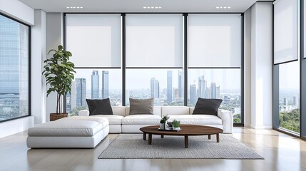Fototapeta premium Urban living room with floor-to-ceiling windows, sleek roller blinds, modern decor, city view, minimalist furniture, clean lines, open and spacious, copy space for text,