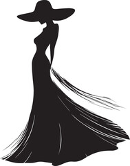 woman in long dress with wide brim hat walking away, elegant curves of the body and flowing fabric are captured in a simple yet sophisticated silhouette design. White background, black and white