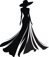 woman in long dress with wide brim hat walking away, elegant curves of the body and flowing fabric are captured in a simple yet sophisticated silhouette design. White background, black and white