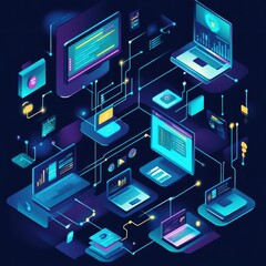 Small business digital transformation process visualized with interconnected devices, data streams, and a modern workspace