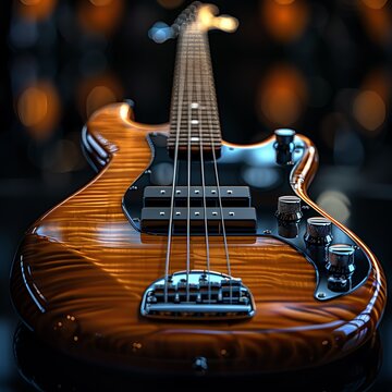 Closeup of a 5string bass guitar, glossy finish, dark background, elegant design