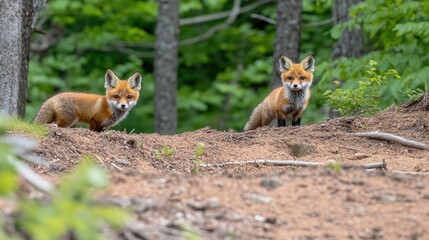 Fototapeta premium A red fox with its cub stands by their burrow, gazing at the camera on a beautiful sunny spring day, showcasing bright eyes and a playful demeanor