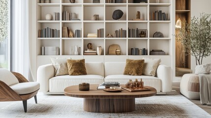 A stylish and functional living room with built-in shelves, a comfortable sofa, and a contemporary coffee table.