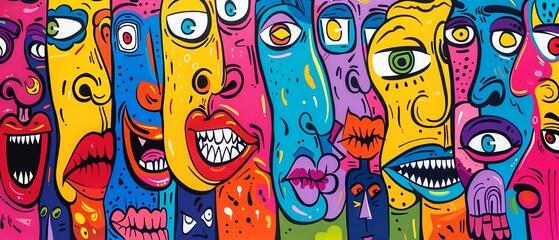 Colorful cartoon faces, abstract background, vibrant and playful, energetic street art style