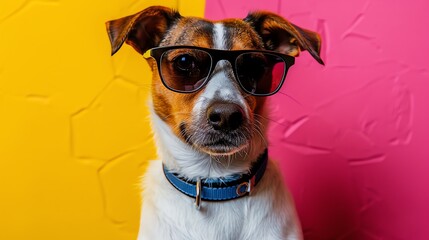 Cool dog with sunglasses, vibrant colors, yellow and pink background, modern pop art style