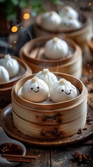 Cute dumplings in bamboo steamers, smiling faces