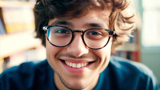 Portrait clever young guy in glasses. Smart man college university student look at camera start smiling, male nerd