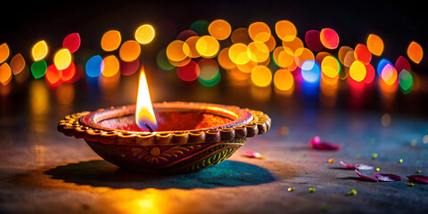 Glowing Diya Lamp: Illuminating Diwali's Spiritual Light Amidst Festive Bokeh Brilliance 