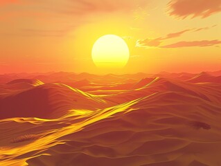 Obraz premium Desert landscape, golden sunset, dramatic sand dunes, wideangle shot