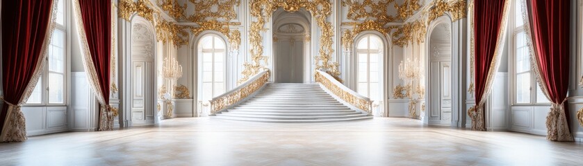 Elegant interior of a grand hall featuring elaborate decor, tall windows, and luxurious elements exuding opulence and sophistication.