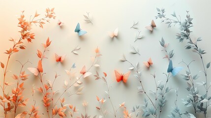 Elegant butterflies and delicate foliage in soft pastel colors create a serene and enchanting background, perfect for design and decor.