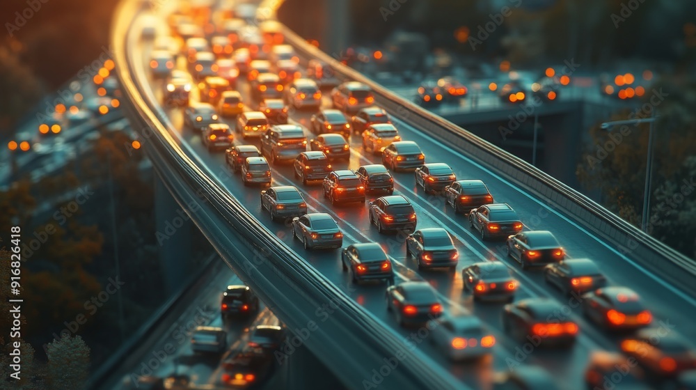 Aufkleber a traffic jam on an overpass with a long line of vehicles stretching into the distance, showcasing s