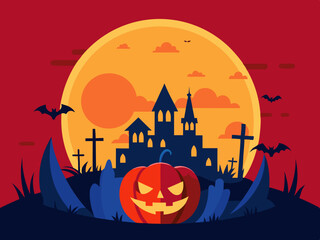 Old haunted castle on a hill silhouette in front of the big moon and red sky with bats. Halloween holiday concept vector illustration.
