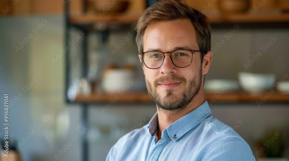 Poster a man with glasses is smiling and standing in front of a kitchen counter