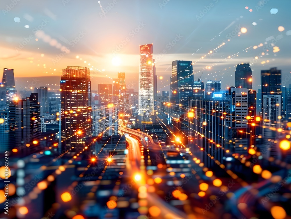 Poster cityscape with glowing lines and bokeh effect.
