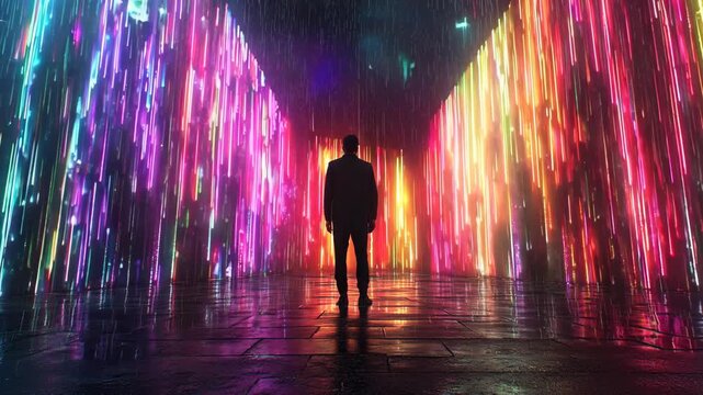 Light and color display in a vibrant installation at night with a solitary figure in a rain-like atmosphere