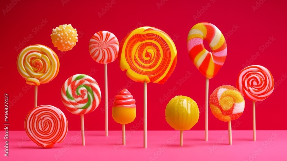 Poster a vibrant photo of assorted colorful lollipops with different shapes and designs, emphasizing their 