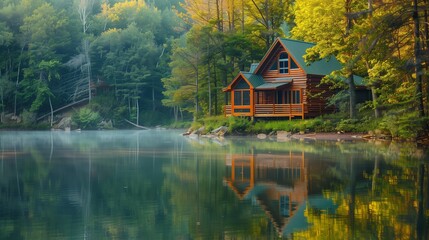 Obraz premium A cozy wooden cabin nestled in the woods, overlooking a still, reflective lake.