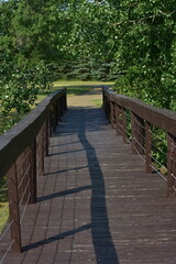 A wooden walking bridge on a trail