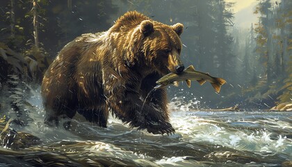 Grizzly bear catching salmon in a rushing river, dense forest backdrop, wilderness